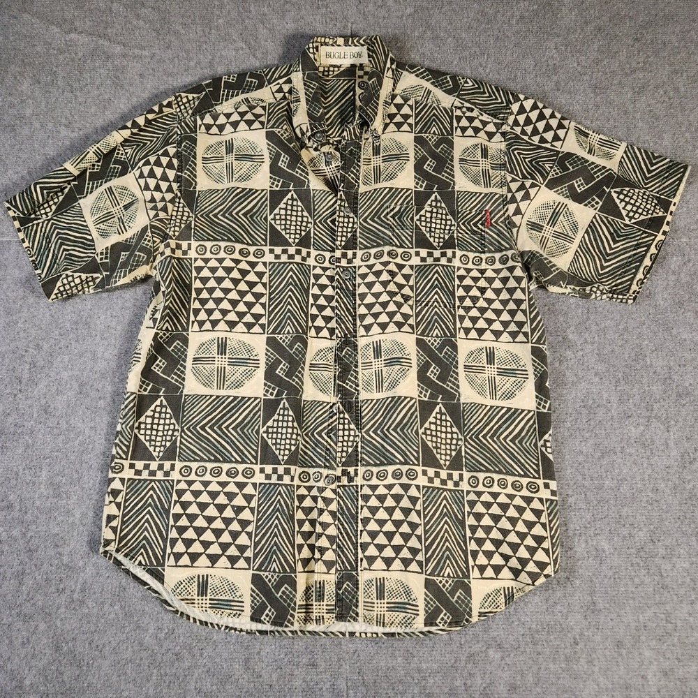 Bugle Boy Shirt Mens XL Vintage Black Cream Tribal Geometric Button Down